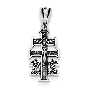 Sterling Silver Antiqued Caravaca Double Cross w Angels Crucifix Pendant