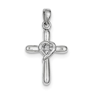 Sterling Silver Rhodium plated White CZ Heart Cross Pendant