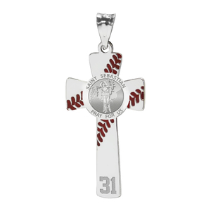 Baseball Stitched Saint Sebastian Enameled Cross Pendant w  Number