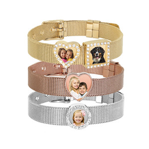 Photo Engraved Mesh Charm Bracelet with Buckle