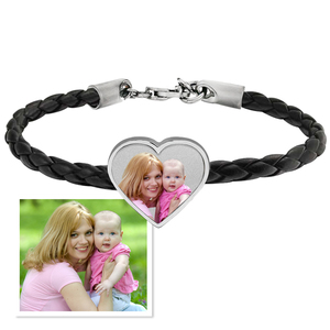 Photo Engraved Leather Rope Bracelet w  Stainless Steel Heart Charm