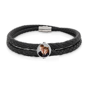 Photo Engraved Black Leather Rope Bracelet w  Round Charm