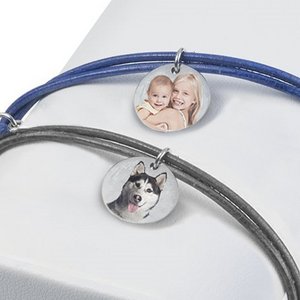 Sterling Silver Leather Rope Bracelet w  Photo Engraved Charm