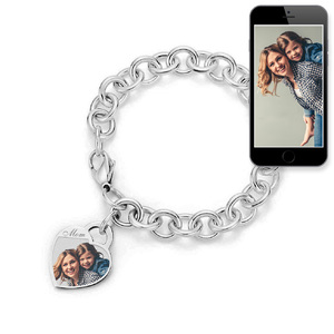 Sterling Silver Tiffany Style Heart  Mom  Photo Charm Bracelet