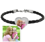 Photo Engraved Leather Rope Bracelet w  Stainless Steel Heart Charm