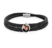 Photo Engraved Black Leather Rope Bracelet w  Round Charm