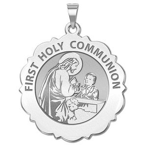 First Holy Communion Scalloped Round Religious Medal  Boy   EXCLUSIVE 