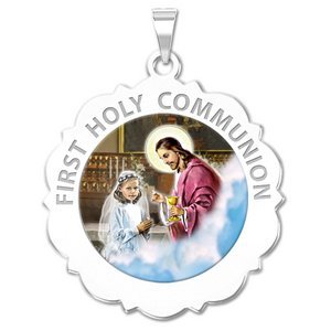 First Holy Communion Religious Medal Scalloped Round   Girl   Color EXCLUSIVE 