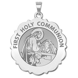 First Holy Communion Religious Medal Scalloped Round   Girl   EXCLUSIVE 
