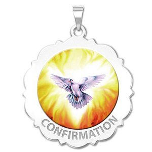 Confirmation Scalloped Round Religious Medal    Holy Spirit  Color EXCLUSIVE 