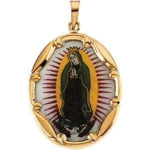 14K Gold and Porcelain Our Lady of Guadalupe Religious Medal