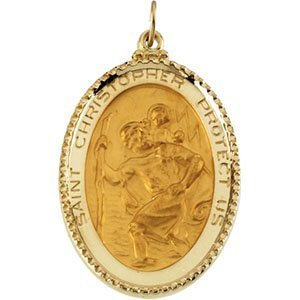 14K Yellow Gold Saint Christopher Oval with Rope Border Religious Medal