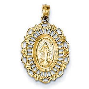 14K Yellow Gold Medium Scalloped Oval Miraculous  Medal Cut Out Pendant