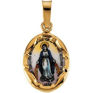14k Yellow Gold and Porcelain Miraculous Medal