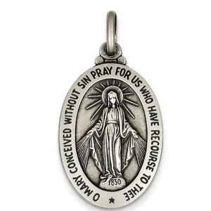 Sterling Silver Antiqued Miraculous Medal Pendant Charm