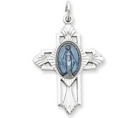 Sterling Silver Miraculous Religious Medal Cross Pendant w  Epoxy Resin