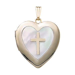 14k Yellow Gold Mother of Pearl   Cross Heart Photo Locket