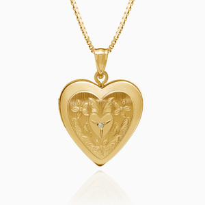 14K Gold Filled Floral Heart Photo Locket with Diamond