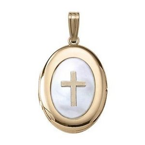 Solid 14K Yellow Gold Mother of Pearl Cross Oval Photo Locket