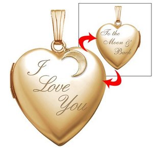 14k Yellow Gold   I Love You To the Moon and Back   Heart Photo Locket