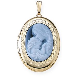 Solid 14K Yellow Gold Mother   Child Cameo Oval Photo Locket