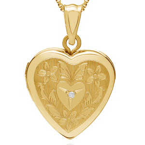 14K Gold Filled Floral Heart Photo Locket with Diamond