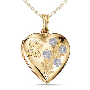 Solid 14K Yellow Gold Floral Heart Photo Locket
