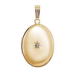 Solid 14K Yellow Gold Oval Photo Locket with Diamond