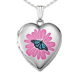 Sterling Silver Flower Butterfly Enameled Heart Photo Locket