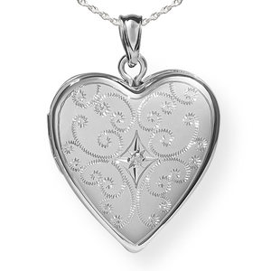 Sterling Silver Floral Heart Photo Locket with Cubic Zirconia