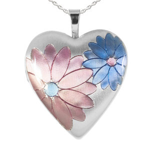 Sterling Silver Pink and Blue Flower Heart Photo Locket