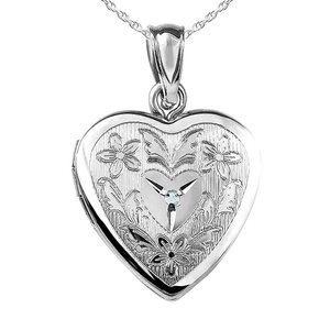 Sterling Silver Floral Heart Photo Locket with Diamond