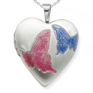 Sterling Silver Enameled Butterfly Heart Photo Locket