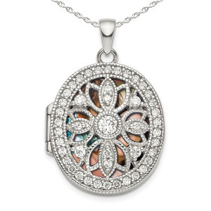 Sterling Silver Pierced Oval Photo Locket with Cubic Zirconia
