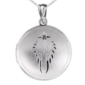 Sterling Silver Angel Wing Round Photo Locket with Cubic Zirconia