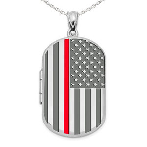Sterling Silver Thin Red Line Dog Tag Photo Locket
