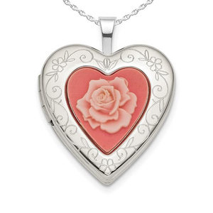 Sterling Silver Rose Cameo Heart Photo Locket