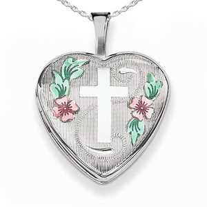 Sterling Silver Enameled Cross   Flowers Heart Photo Locket