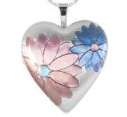 Sterling Silver Pink and Blue Flower Heart Photo Locket