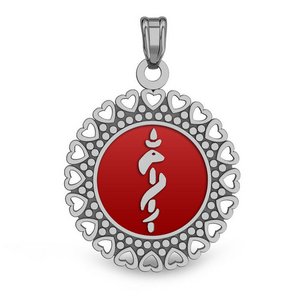Stainless Steel Round Shaped with Hearts Medical ID Charm or Pendant with Red Enamel