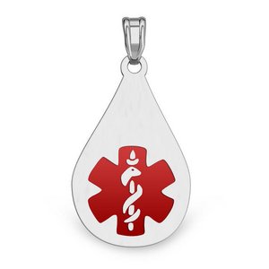 14k White Gold Medical ID Teardrop Charm or Pendant with Red Enamel