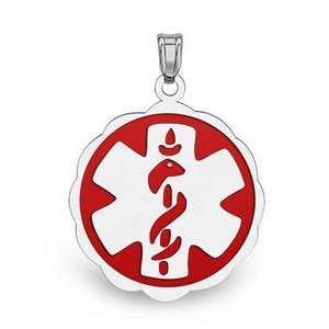 14K White Gold Medical ID Round Charm or Pendant with Red Enamel