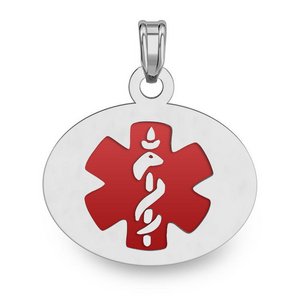 14k White Gold Medical ID Oval Charm or Pendant with Red Enamel