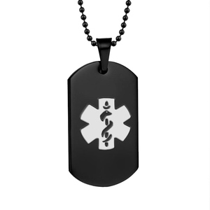 Black Plated Stainless Steel Medical ID Dog Tag Pendant w  24  Bead Chain