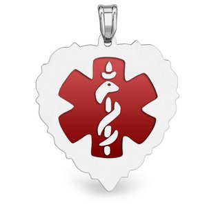 14K White Gold Medical ID Heart Charm or Pendant with Red Enamel