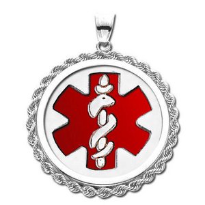 14k White Gold Medical ID Round Rope Frame Charm or Pendant with Red Enamel