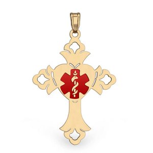14K Yellow Gold Medical ID Cross Charm or Pendant with Red Enamel