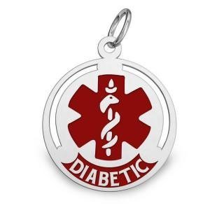 14k White Gold Diabetic Round Charm or Pendant with Red Enamel