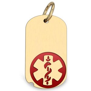 14k Yellow Gold Medical ID Dog Tag Charm or Pendant with Red Enamel