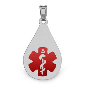 Stainless Steel Medical ID Tear Drop Charm or Pendant with Red Enamel